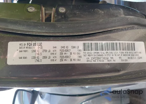 2015 Dodge Journey Sxt z USA, uszkodzony, nr VIN 3C4PDCBBXFT745160